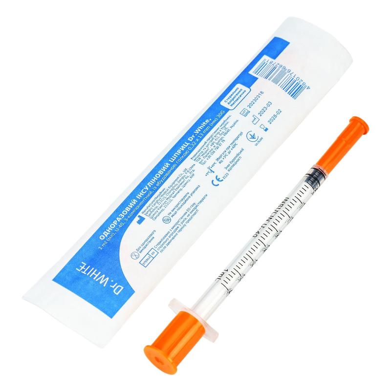Шприц інсулін однораз Dr.White 1 ml (мл) U-40 з-комп з голк 0,32х13 mm (мм) 30G